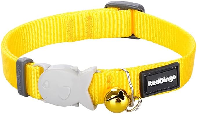 Red Dingo Classic Safety Release Breakaway Cat Collar – Adjustable One Size Fits All, Soft Nylon, 4.4lb Safety Release Fish Clip, Stainless Steel D-Ring, Wildlife Bell – Yellow