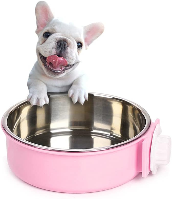 Crate Dog Bowl,Removable Stainless Steel Water Food Feeder Bowls Crate Coop Cup,Pet Cage Bowls with Bolt Holder for Cat, Puppy, Birds, Rats, Rabbits Small Animals ((Green+Pink) Round, Samll)
