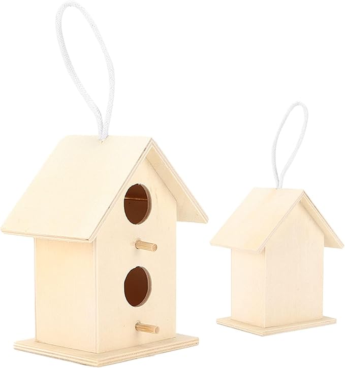 2PCS Bird Houses for Outside, Wooden Birdhouse Hanging Birdhouse Bird Nest Box Unfinished Bird Houses Hanging Wooden Birdhouse Wooden Bird Houses to Paint with Two Holes for Small Bird (#a)