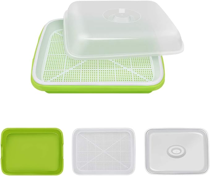 SUNPRO 2-Pack Seed Sprouter Tray with Humidity Lid, BPA Free Food Grade Soil-Free Sprouting Kit, Large Capacity Wheatgrass Grower & Microgreens Germination Station for Beans, Peas, Cat Grass (Green)