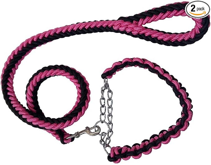 Love Dream Dog Collar and Leash Set, Heavy Duty Nylon Braided Rope Strong 4 FT Dog Leash and Martingale Training Collar for Small Medium Large Dogs Training and Walking (Black & Pink)