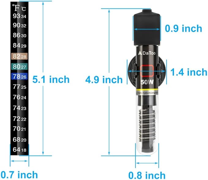 DaToo Mini Aquarium Heater 50W Small Fish Tank Heater 50 Watt with Free Thermometer Sticker