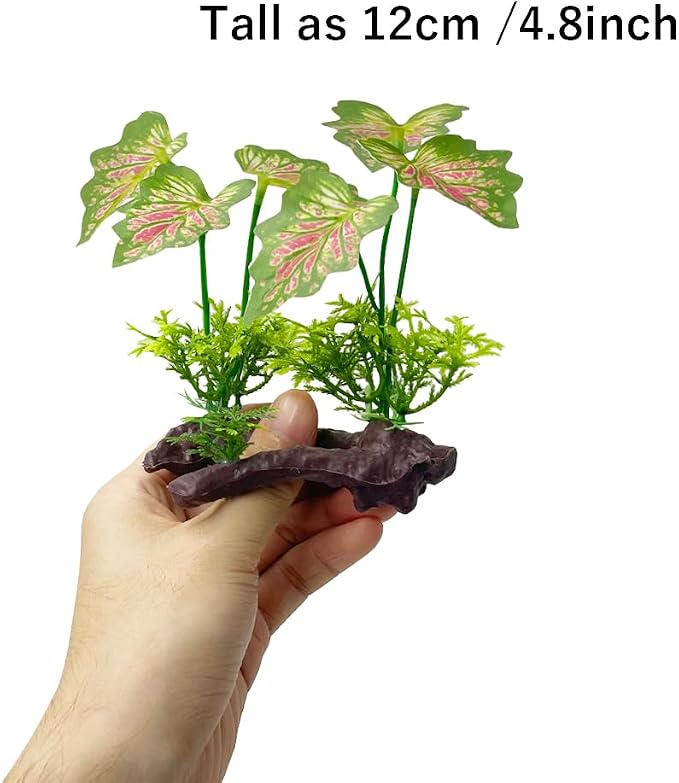 Aquarium Plant Fish Tank Decoration Small Plastic Artificial Plant Goldfish Fish Hide (Rainforest Leafs-Pink-Small-Set)