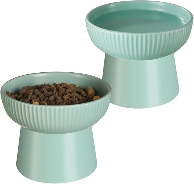 Ceramic Elevated Cat Bowls-Water Bowl, 15° Tilted Design, Anti-Vomiting & Spine Protection, Prevent Whisker Fatigue for Kittens to Adult Cats and Small Dogs (Green-Elevated Cat Bowls-2)