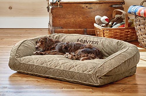 Orvis Comfort Fill-Eco Couch Dog Bed – Plush Three-Sided Bolster with Comfort Fill-Eco Cushion, Quilted Cover, Zip-Off & Machine Washable, Brown Tweed - Medium