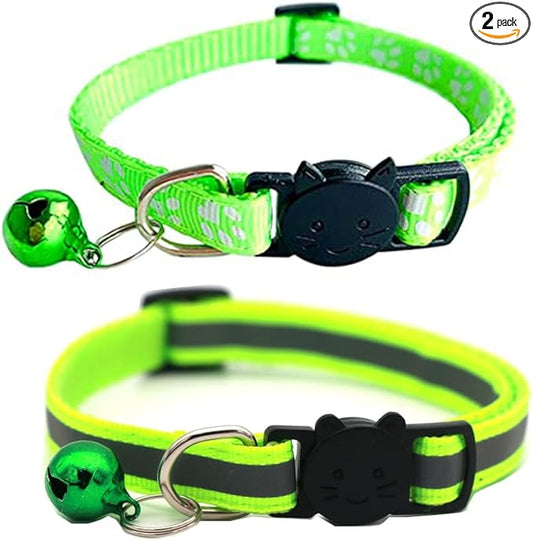 2 Pack Cat Collars Quick Release Reflective Kitten Collar with Bell & Safety Release (Fluorescent Green)