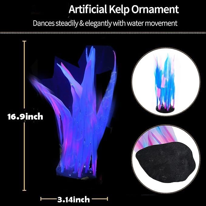 1Pcs Tall Blue Aquarium Decoration Plants Simulation Artificial Water Grass Plastic Fish Tank Decor Plant Silicone Glowing Kelp Ornament Aquarium Accessories Fake Plants,Blue,16.9in
