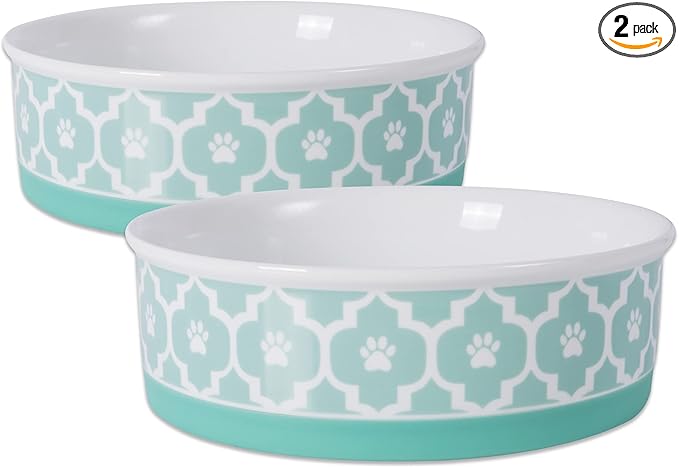 Bone Dry Paw Print Ceramic Pet Bowl, Lattice Collection, Large Set, 7.5x2.4", Aqua, 2 Count
