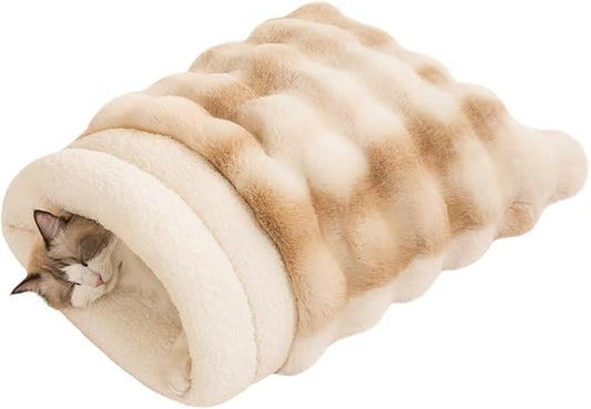 SOMAHE Self-Warming Cat Sleeping Bag, Enclosed Hooded Snuggle Sack with Dual-Side Plush Cat Cave Bed, Portable Foldable Pet Sleeping Pod for Indoor & Travel, Anti-Static, 21.7"x17.7"Beige