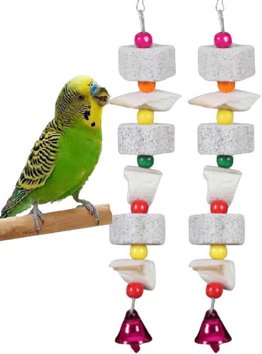 2Pcs Bird Beak Calcium Stone Lava Block Chew Toy Grinding Teeth Natural Minerals with Bell for Parakeet Conure Lovebird Cockatiel Finch Canary Hamster Chinchilla Rabbit (Large)