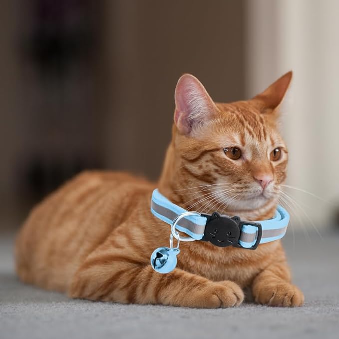 MJIYA Reflective Cat Collar with Bell, Breakaway Grid Collar with Plastic Buckle, Girl Boy Pet Kitty Collars Adjustable 7.5-12.5 Inch (Light Blue)