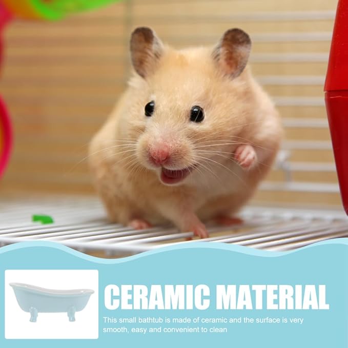 Abaodam Cute Hamster Bed Chinchillas Food Bowl Blue Ceramic Mini Bathtub Small Animal Ice Bathtub for Ceramic Hamster Guinea Pig Bathroom Sand Bath Holder Container Accessories Cage Toys
