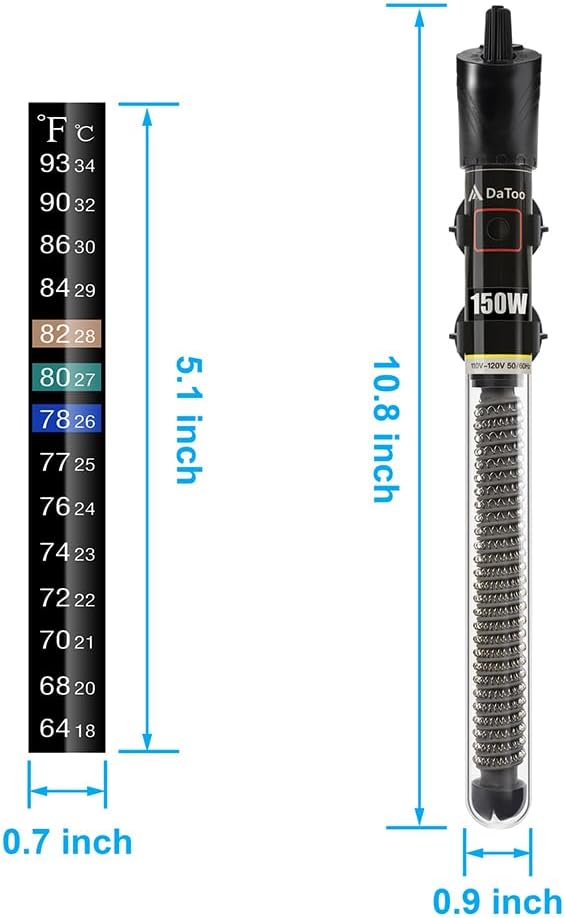 DaToo Mini Aquarium Heater 150W Small Fish Tank Heater 150 Watt with Free Thermometer Sticker(150W)