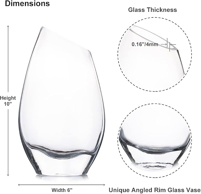 Unique Angled Rim Clear Glass Vase 6.0" W 10.0" H, Decorative Flower Vase for Home Decor Indoor, Wedding Centerpiece Event (1 Piece)