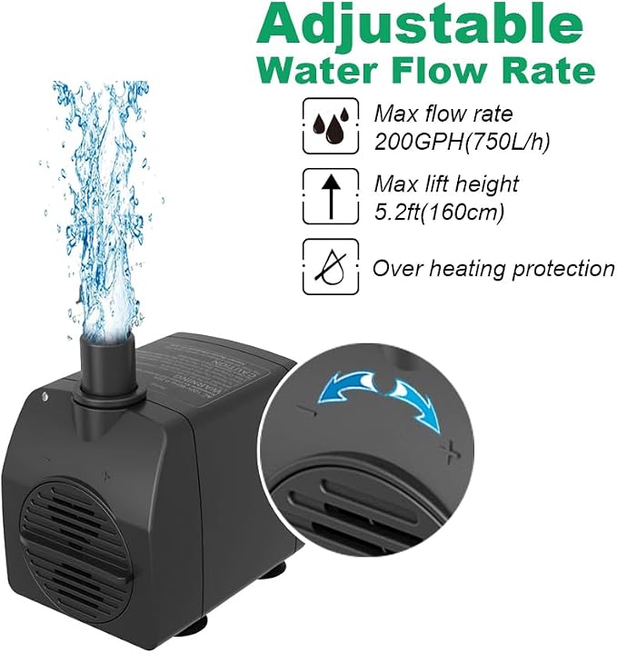 Submersible Water Pump 200GPH 5.2ft. High Lift for Fountains | Ultra Quiet, Over Heating Protection, Perfect for Outdoor Fountain, Hydroponics, Small Pond, Aquarium, Fish Tank