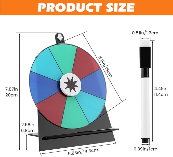 6 Inch Prize Wheel, 8 Slots Color Tabletop Roulette Wheel with Dry Erase Marker, Spin The Wheels for Engaging Home Parties, Trade Show, Carnival Events,Party Birthday Wedding