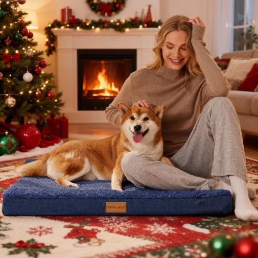 Patas Lague Orthopedic XL Dog Bed Large Sized Dog 42''X28'', Soft Waterproof Egg Crate Foam Large Pet Crate Beds Mat with Removable Washable Cover and Non-Slip Bottom, Navy Blue