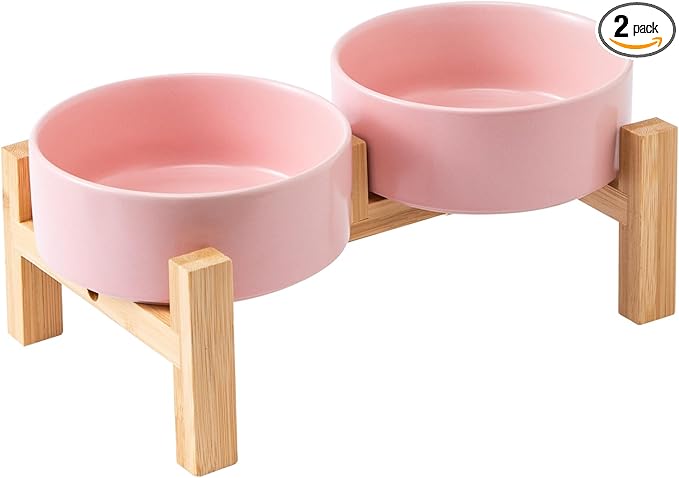 Elevated Ceramic Dog Bowl Set - Raised Dog Bowls with Non Slip Bamboo Stand, Food and Water Bowl Set for Kitty, Cats and Toy Breed Dogs, Pet Bowls, Weighted Dogs Dishes (5.1'', 2*16OZ, Pink)