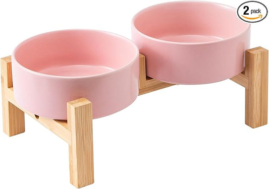 Elevated Ceramic Dog Bowl Set - Raised Dog Bowls with Non Slip Bamboo Stand, Food and Water Bowl Set for Kitty, Cats and Toy Breed Dogs, Pet Bowls, Weighted Dogs Dishes (5.1'', 2*16OZ, Pink)