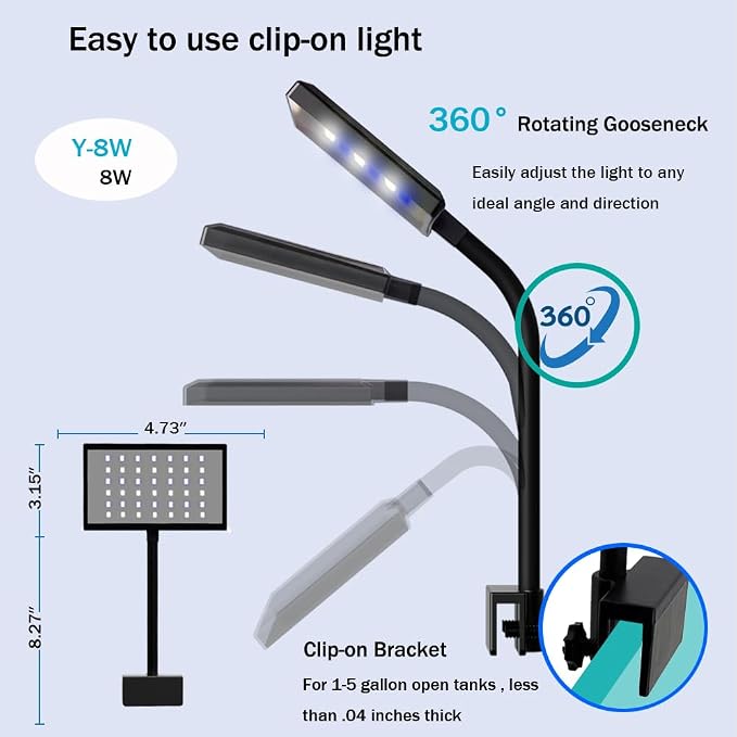 Clip-on Aquarium Light 8w (3 Timers, 3 Modes, 10 Dimming, Split Power) for Coral, Reef, Saltwater Fish, Algae Scrubber Nano/Mini/Pico/Refugium Tank,1-10Gallon(5-12in) Aquarium