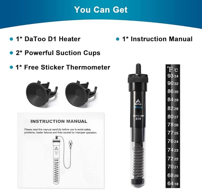 DaToo Aquarium Heater Adjustable 50W Submersible Fish Tank Heater with Electronic Chip Thermostat Suitable for Marine Saltwater and Freshwater
