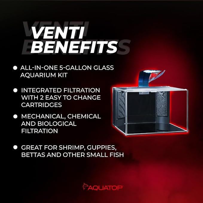 Aquatop Venti Professional Showcase Glass Aquarium Kit, 5-Gal - All-in-One for Freshwater - LED Light, Breza Air Pump & Replaceable Filter Cartridge | Freshwater setup, LED light, Breza air pump, replaceable filter cartridge