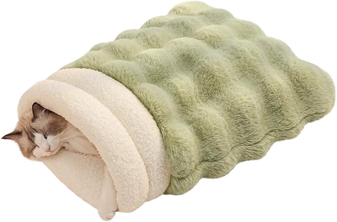 SOMAHE Self-Warming Cat Sleeping Bag, Enclosed Hooded Snuggle Sack with Dual-Side Plush Cat Cave Bed, Portable Foldable Pet Sleeping Pod for Indoor & Travel, Anti-Static, 21.7"x17.7"Green