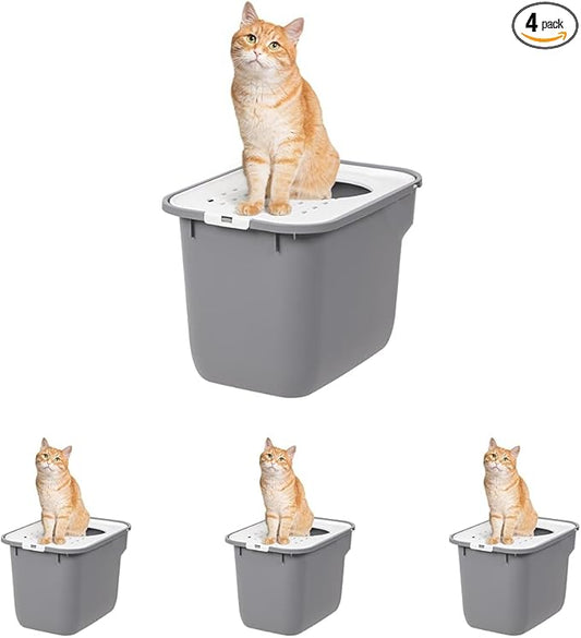 IRIS USA Square Top Entry Cat Litter Box, Kitty Litter Pan with Litter Particle Catching Cover and Privacy Walls, Gray/White (Pack of 4)