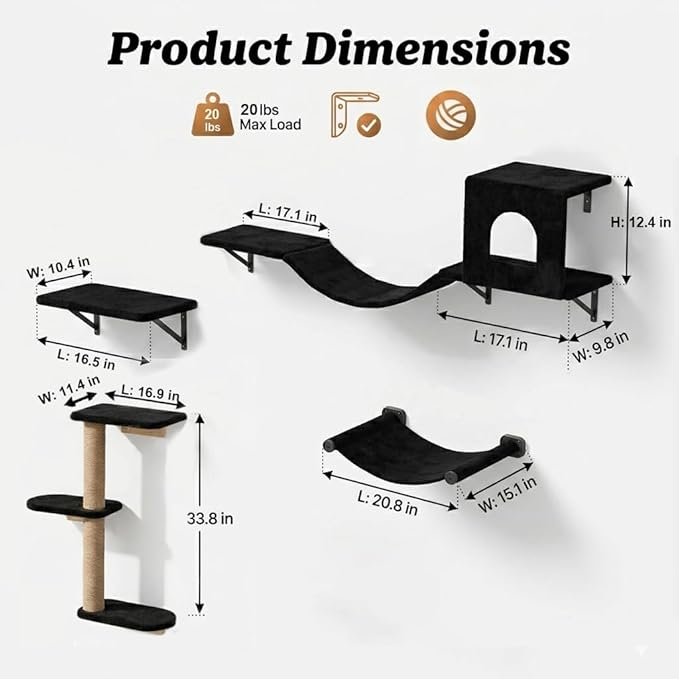 Wall Mounted Cat Furniture Set of 4 – 4 in 1 Cat Wall Shelves with Hammock, Bridge, Climbing Tree & Perch – Shelves for Large Cats, Holds Up to 30 lbs, Indoor Playground