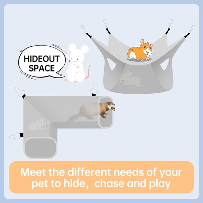 Guinea Pig Rat Corner Tunnel & Tubes Ferret Bunkbed Hammock, Guinea Pig Hideout for Hedgehog Piggy Hamster Hide, Small Animal Pet Toys and Cage Accessories (1.Hammock+hunnel)