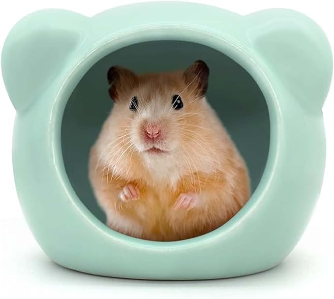 Cool Hamster House Small Animal Habitat Décor, Bear-Shaped Mini Ceramic Hamster Hideout Cave for Dwarf Hamsters (Green, S)