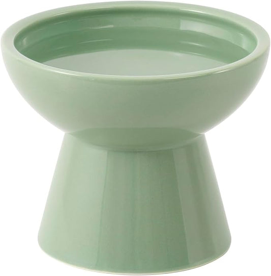 CEEFU Extra Wide Elevated Ceramic Cat Water Bowl - 6.2" Deeper Dish for Whisker Fatigue Relief, 5" Height for Easy Feeding, Lead & Cadmium Free, Durable Raised Cat Bowls, Green