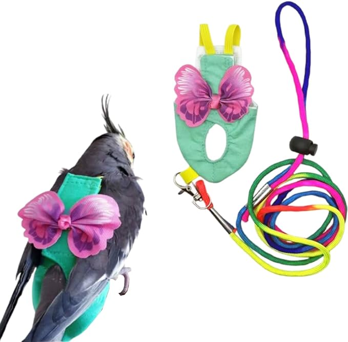 Escape-Proof Parrot Harness & Leash Set with Diaper - Adjustable Flight Suit with Bow & Safety Cord for Conures, African Grey, Parakeets, Doves (Pink-L)