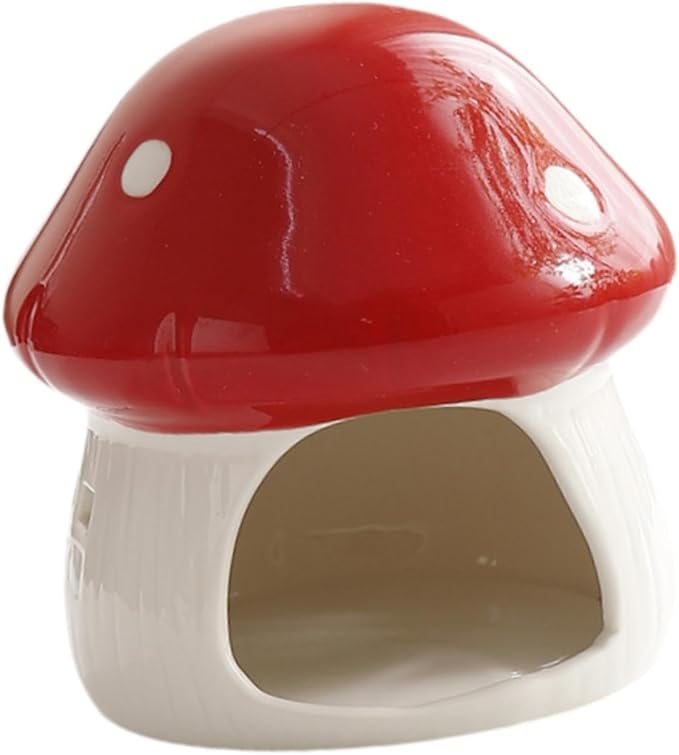 Ceramic Hamster House Hideaway House Outdoor Cute Mushroom Shaped Cave Guinea Pig Hideout for Small Pets Chipmunk Gerbils, Red