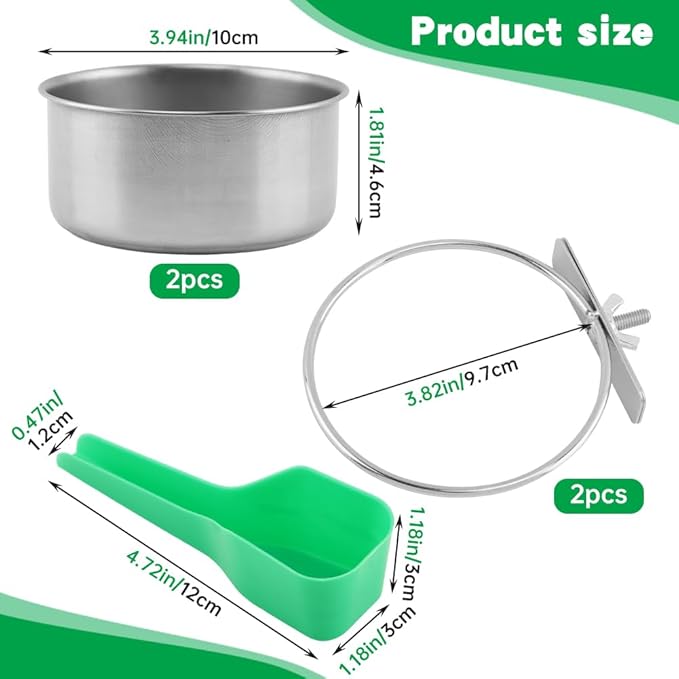 2Pcs Stainless Steel Bird Feeding Bowls with Feeding Spoon,Parrot Food Bowl Cage with Clamp Holder,Birdcage Coop Water Feeder for Cockatiel Parakeet Macaw Finches Small Animals