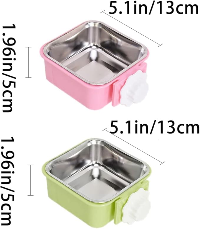 Crate Dog Bowl,Removable Stainless Steel Water Food Feeder Bowls Crate Coop Cup,Pet Cage Bowls with Bolt Holder for Cat, Puppy, Birds, Rats, Rabbits Small Animals ((Green+Pink) Square, Large)