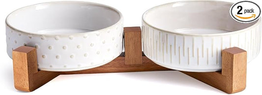 Ceramic Dog Bowl Set with Acacia Wood Stand, 1.5–2 Cups Food & 15oz Water Ceramic Pet Bowls, Lead-Free, Smooth Glaze with Non-Slip Base for Cats and Small Dogs