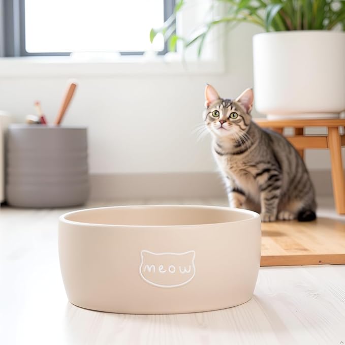 Pearhead Ceramic Cat Bowl – Neutral Taupe “Meow” Design, Holds 12 oz, Stoneware Pet Dish, Whisker-Friendly Pet Feeding, Non-Skid