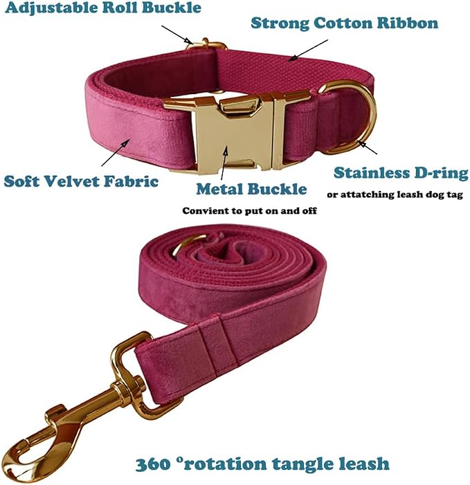 Love Dream Velvet Dog Collar and Leash Set, Soft & Comfy Adjustable Dog Leash and Collar with Heavy Duty Metal Buckle for Small Medium Large Dogs Training & Walking (Medium, Rose)