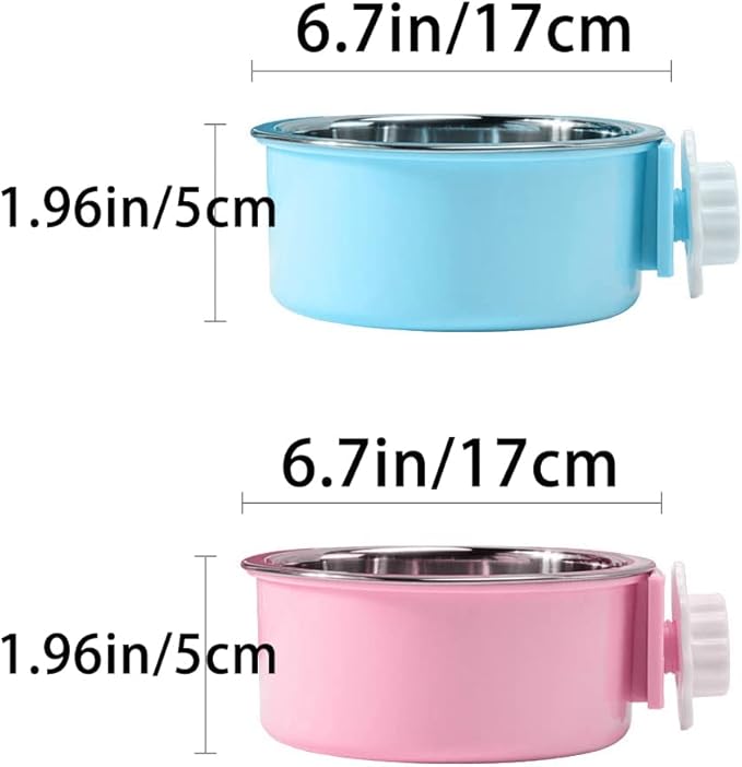 Crate Dog Bowl,Removable Stainless Steel Water Food Feeder Bowls Crate Coop Cup,Pet Cage Bowls with Bolt Holder for Cat, Puppy, Birds, Rats, Rabbits Small Animals ((Blue+Pink) Round, Large)