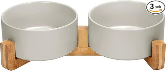 SPUNKYJUNKY Ceramic Dog and Cat Bowl with Wood Stand Non-Slip Matte Glaze Weighted Food Water Set for Cat Medium Dog 28.7 OZ