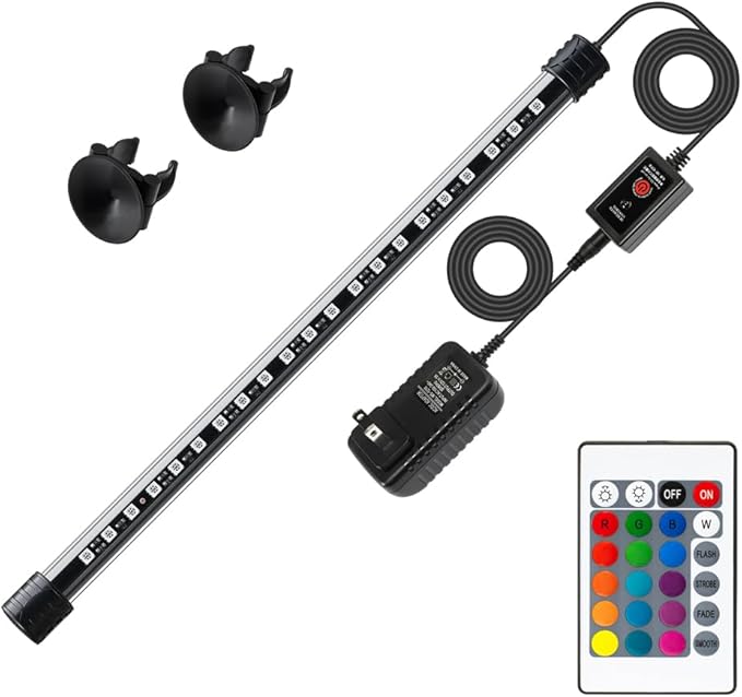 LED Aquarium Light with IP68 Waterproof and Memory Function Submersible Fish Tank Light with Remote and 16 Colors 15 Inches Brightness Adjustable Underwater Light Bar for Fish Tank Aquarium