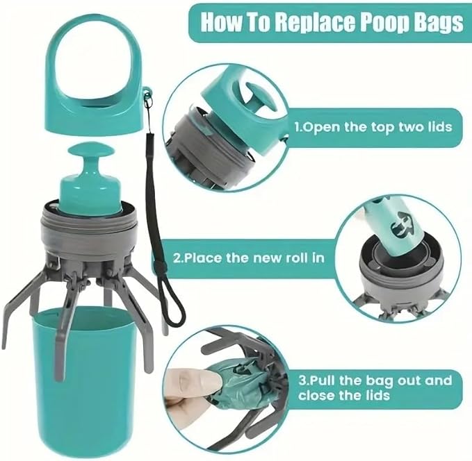Dog Pooper Scooper, Portable No-Touch Waste Picker with Built-in Bag Dispenser (1 Roll 15 Count), One-Handed Claw Grabber with Wrist Lanyard, Leak-Proof Odor-Control Storage, for Small & Medium Dogs