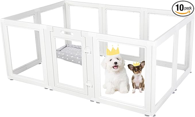 EVERFRONT Clear Acrylic Plastic Dog Playpen - Clear Dog Play Pen - Easy Assemble Acrylic Dog Playpen - Puppy Playpen, Cat Playpen, Small Animal Playpen, Dog Play Pen Indoors (White, 23.6“ H, 10PCS)