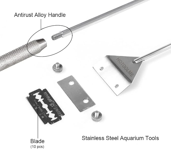 HOTOOLME Aquarium Scraper, 25.6" Stainless Steel Scraper Cleaning Razor with 10 Blades for Glass Aquarium Fish Tank | Long Handle, Aquarium Razor Blade Scraper, Fish Tank Cleaner, Aquarium Glass Cleaning Tools for Glass Aquariums
