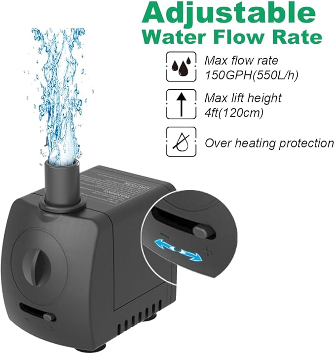 Knifel Submersible Pump 150GPH (550 L/H 9.5W) Ultra Quiet with Over Heating Protection 4ft High Lift for Fountains, Hydroponics, Ponds, Aquariums & More