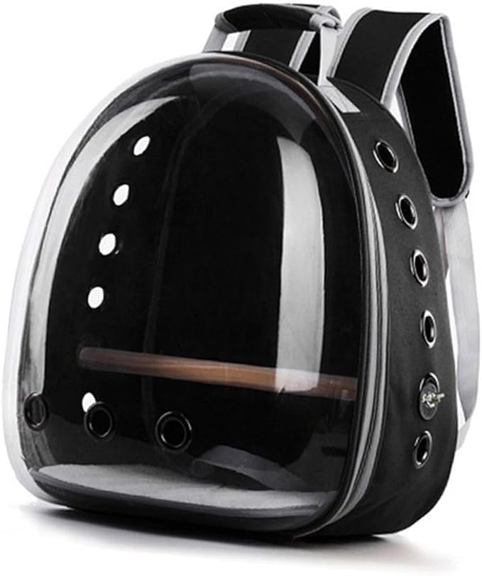 MERRYHAPY Portable Parrot Backpack with Transparent Window and Wooden Bar Breathable Pet Carrier for Outdoor Travel Black Comfortable Design for Birds and Pets