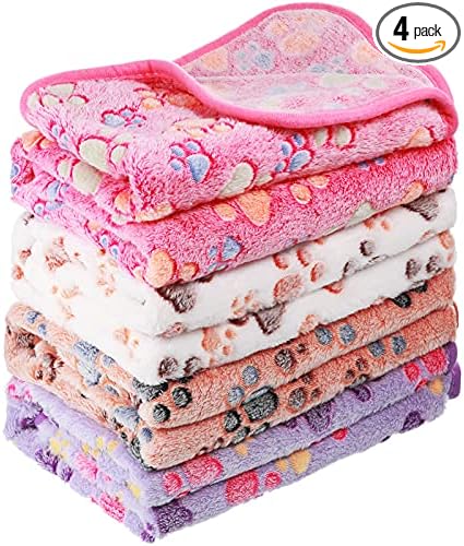 Tatuo 4 Pack Fleece Dog Blankets for Puppy Cats Multi-Size Sleep Mat for Pet Guinea Pig Soft Washable Warm Crate Bed Puppy Teething Toys Print Pattern Blanket Indoor(Mixed Color,24 x 16 Inch,Paw)