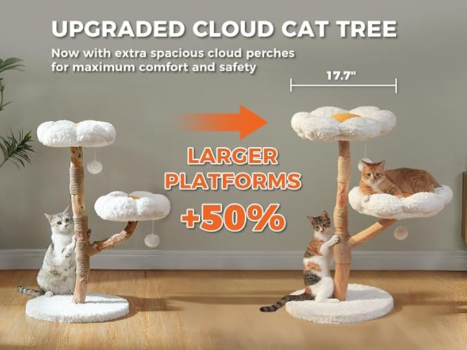 MUTTROS Wood Flower Cat Tree, Modern Cat Tower with Real Wood Branches, Luxury Boho Furniture with Scratching Post and 2 Perches, Cat Climbing Tower for Indoor Cats, Cloud White
