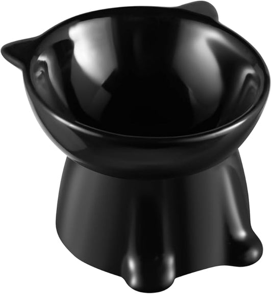 Ceramic Elevated Cat Bowls-Water Bowl, 15° Tilted Design, Anti-Vomiting & Spine Protection, Prevent Whisker Fatigue for Kittens to Adult Cats and Small Dogs (Black-Cat Shape-1)